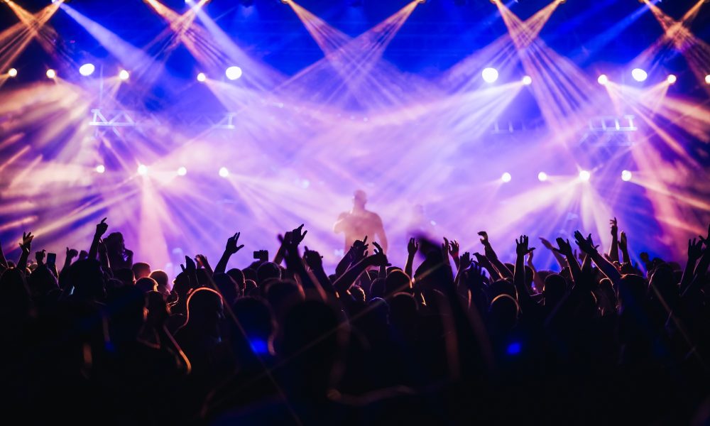 Crowd is rising their hands and dancing on a music festival concert at night.