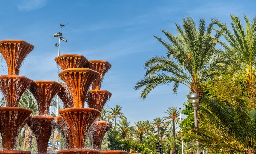 Detail of the Glorieta fountain in the palm grove park in the city of Elche. Spain