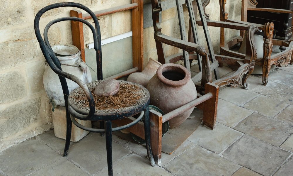 Vintage market selling old furniture and pots