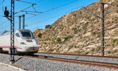 High speed train. Railway. Renewable energy transport technology. Spain