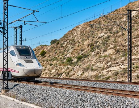 High speed train. Railway. Renewable energy transport technology. Spain