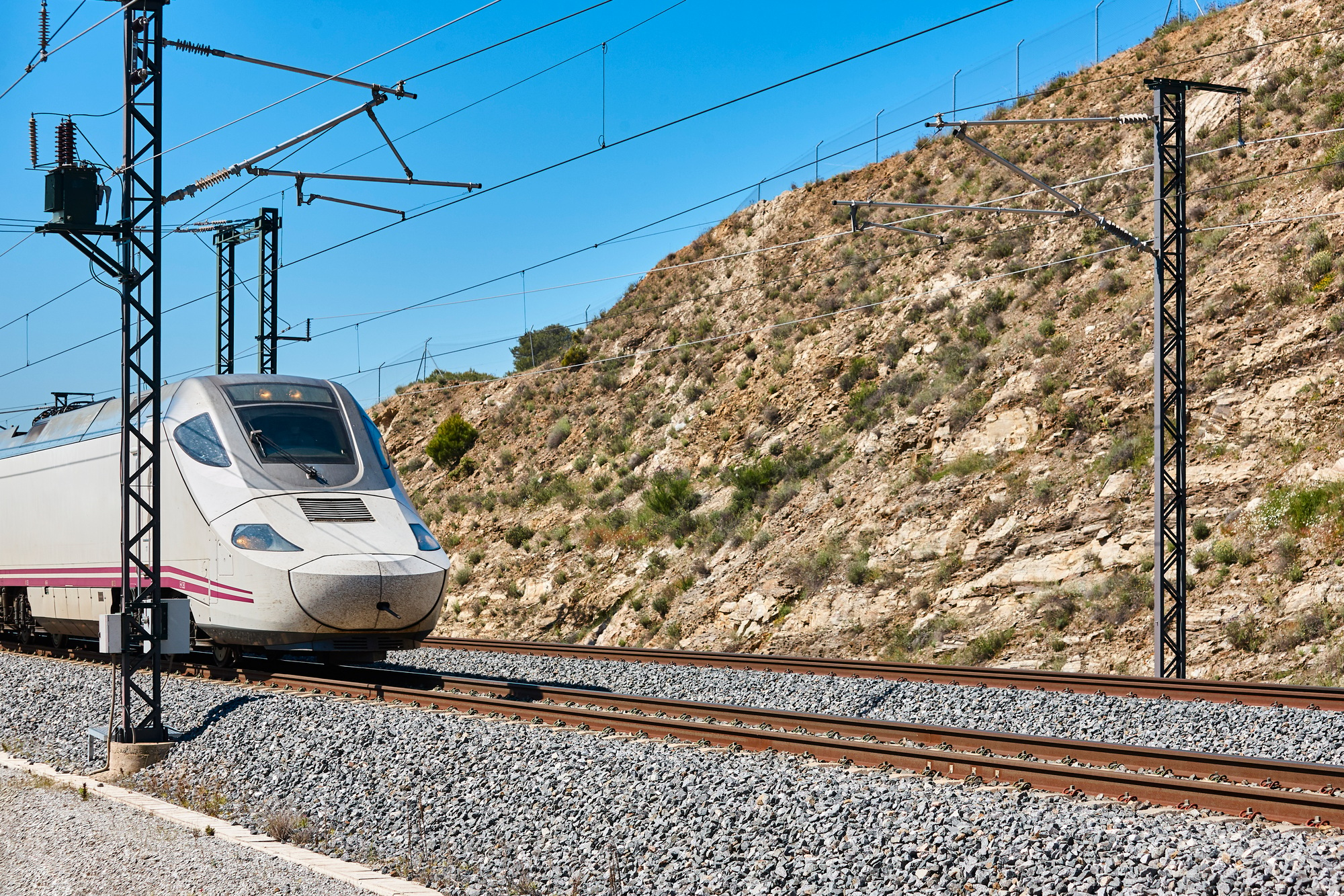 High speed train. Railway. Renewable energy transport technology. Spain