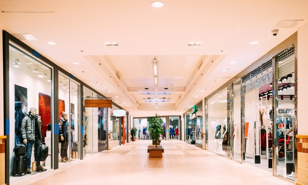 Shops with clothes at the modern shopping mall Shopping Centre