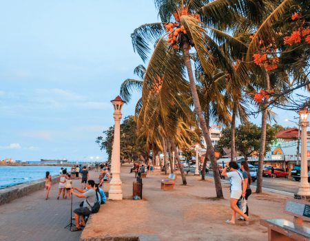 People stroll along a vibrant seaside promenade with palm trees and ocean views at dusk.