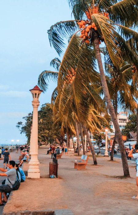 People stroll along a vibrant seaside promenade with palm trees and ocean views at dusk.