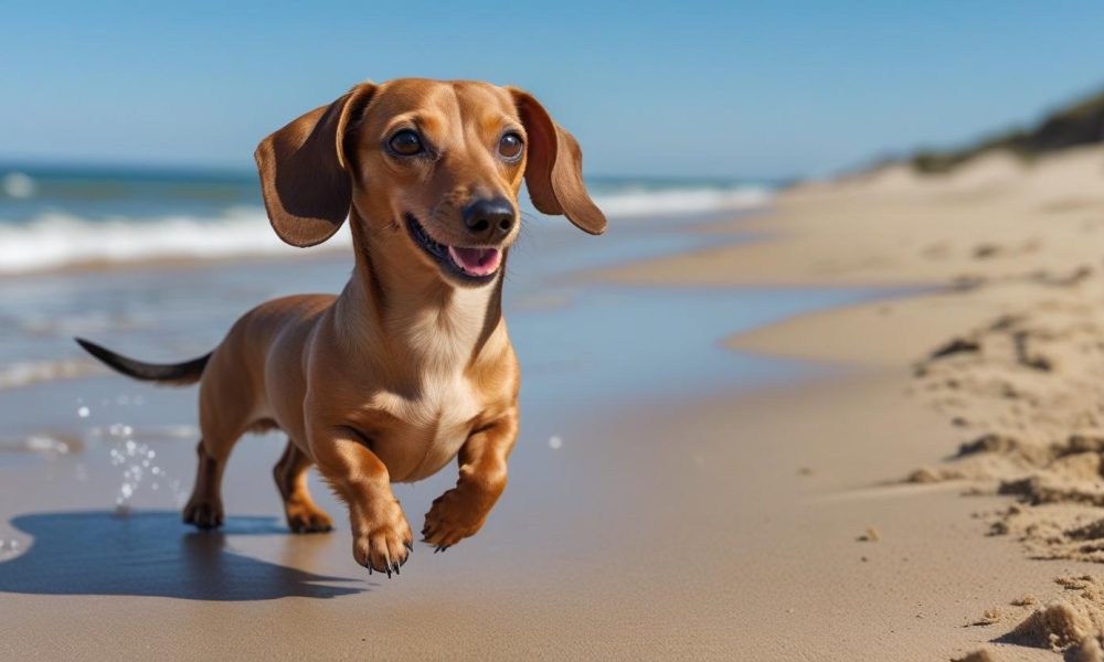Mini dachshund on beach