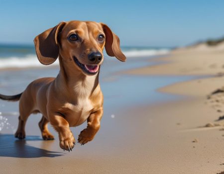 Mini dachshund on beach