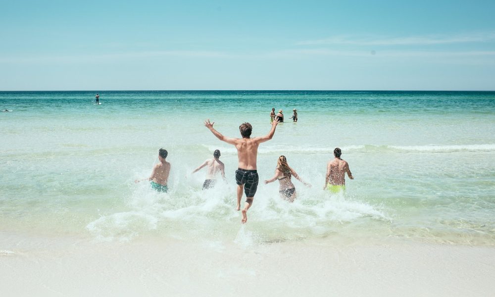 beach, people, running, nature, ocean, sea, seashore, splash, water, bathing, group, fun, active, holidays, vacation, summer, summer vacation