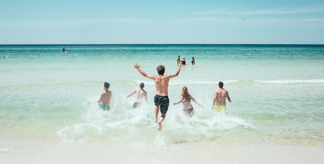 beach, people, running, nature, ocean, sea, seashore, splash, water, bathing, group, fun, active, holidays, vacation, summer, summer vacation