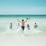 beach, people, running, nature, ocean, sea, seashore, splash, water, bathing, group, fun, active, holidays, vacation, summer, summer vacation