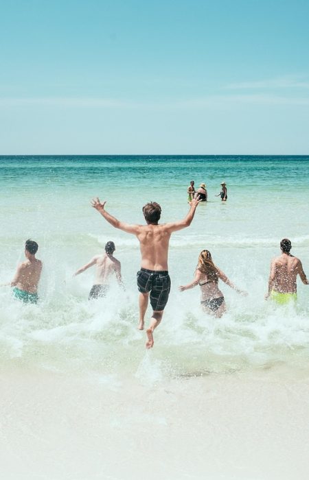 beach, people, running, nature, ocean, sea, seashore, splash, water, bathing, group, fun, active, holidays, vacation, summer, summer vacation