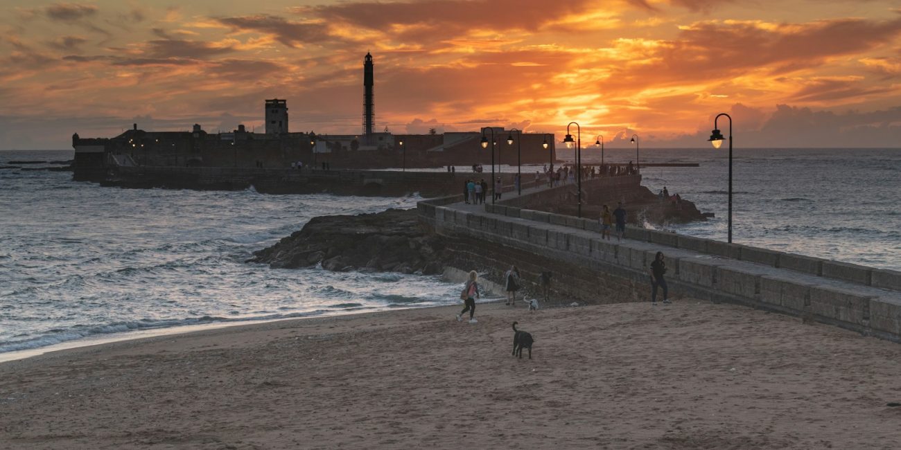 a group of people walking along a beach next to the ocean