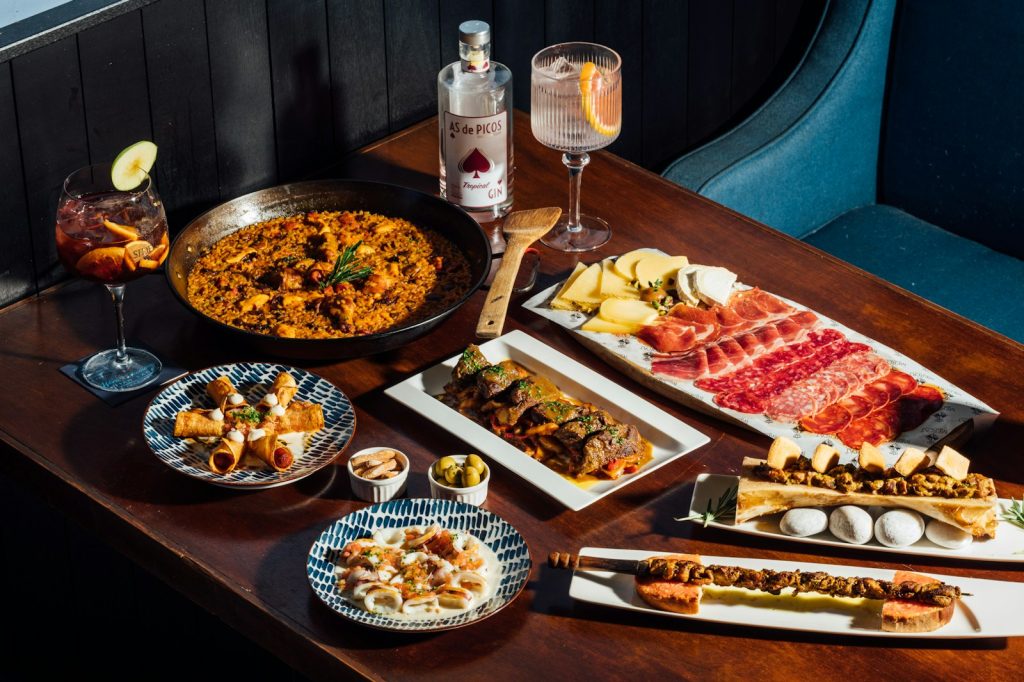 a table with food and drinks on it