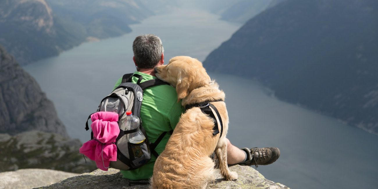 a man sitting on a rock with a dog on his back