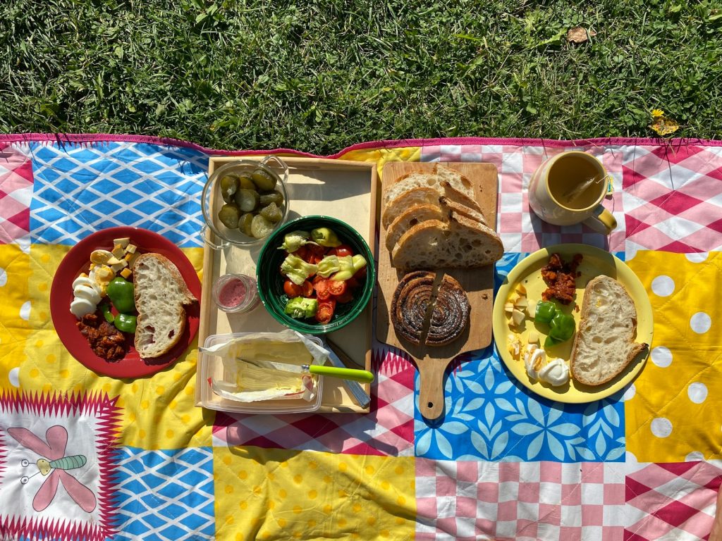 a picnic blanket with plates of food on it