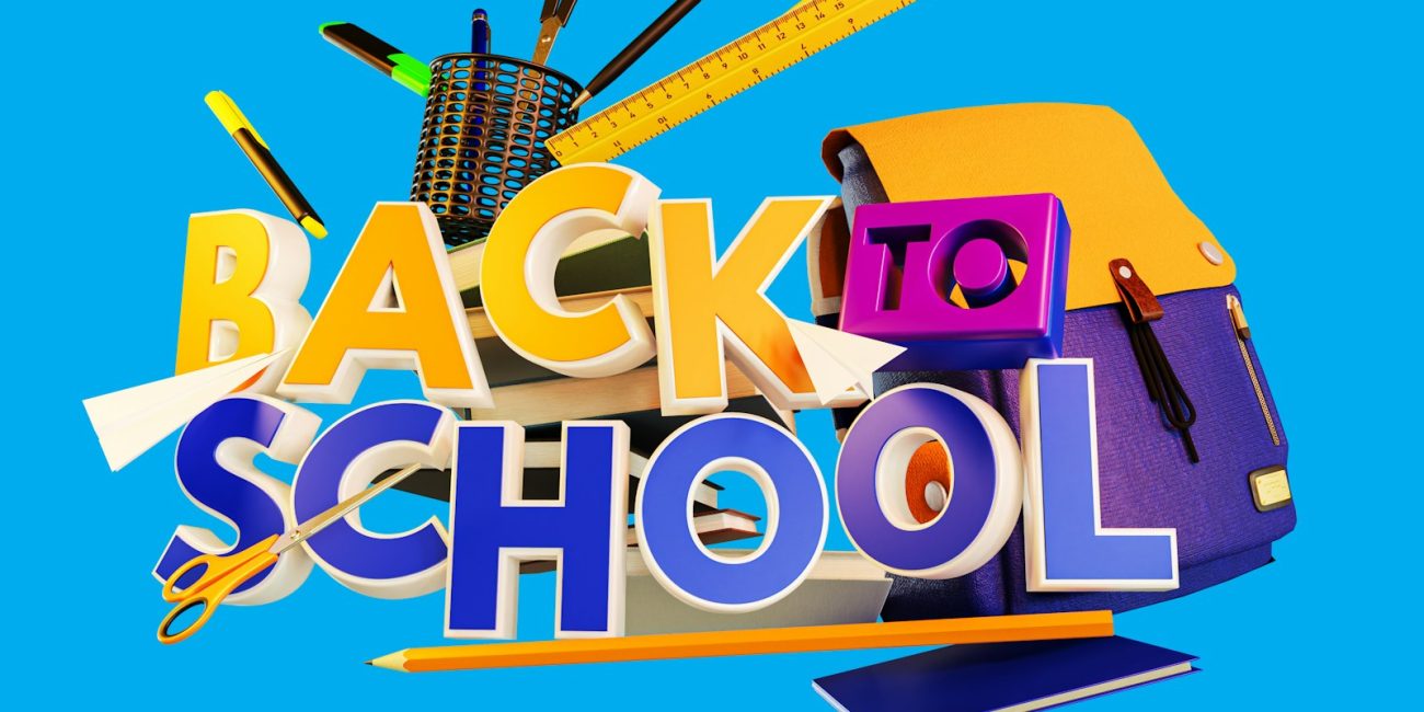 A back to school sign with school supplies on it