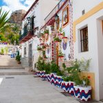 a narrow street lined with potted plants next to a building