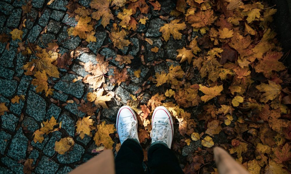 person wearing pair of white sneakers