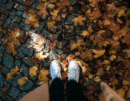 person wearing pair of white sneakers