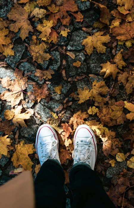 person wearing pair of white sneakers