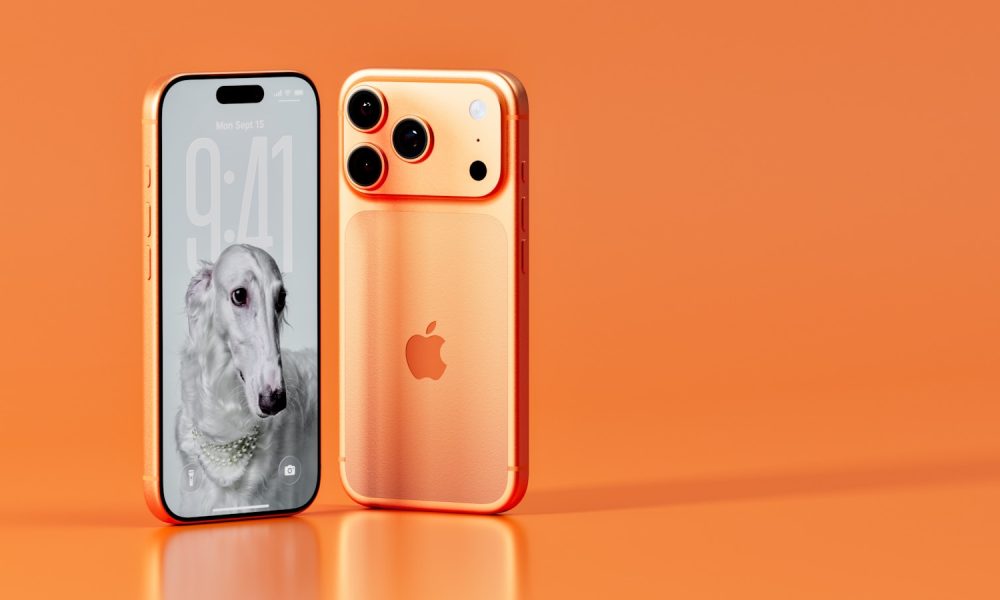 Two rose gold iphones on an orange background