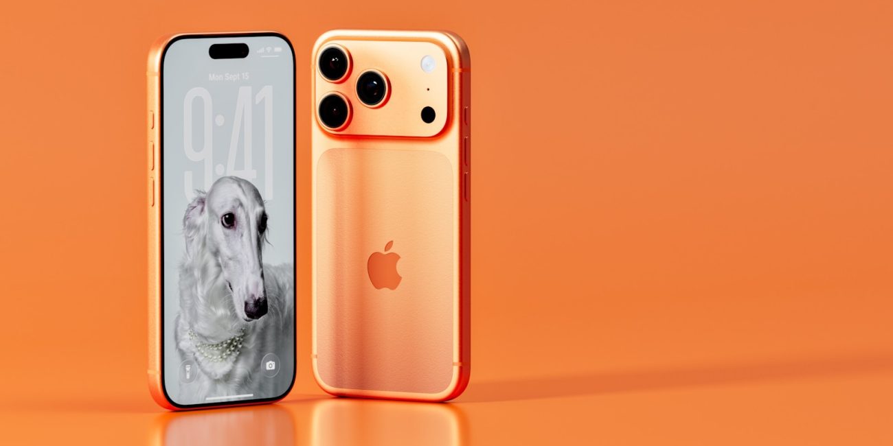 Two rose gold iphones on an orange background