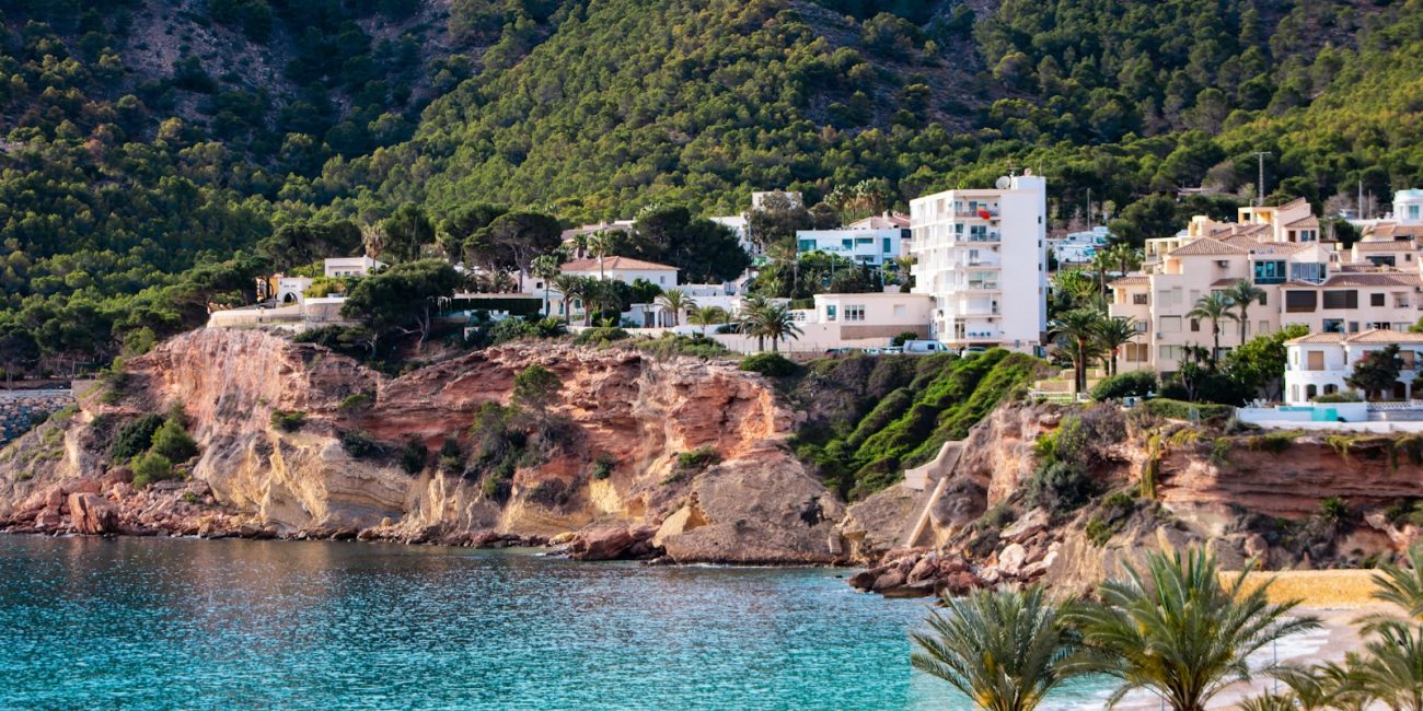 A beach with palm trees and houses on a hill