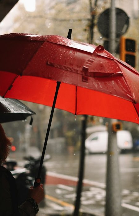 A person holding a red umbrella in the rain