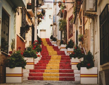 red, yellow, and white concrete stairs
