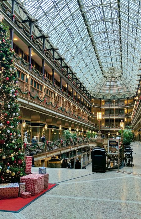 state of the art building interior with lit Christmas tree