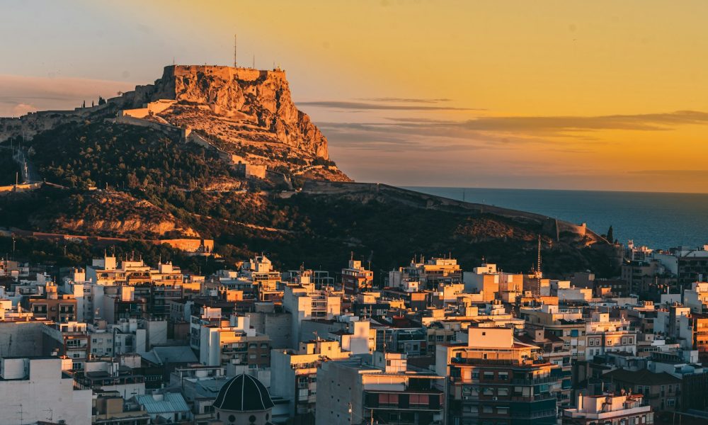 a view of a city with a mountain in the background
