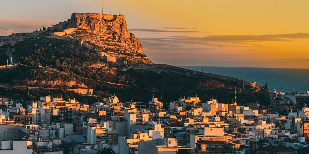 a view of a city with a mountain in the background
