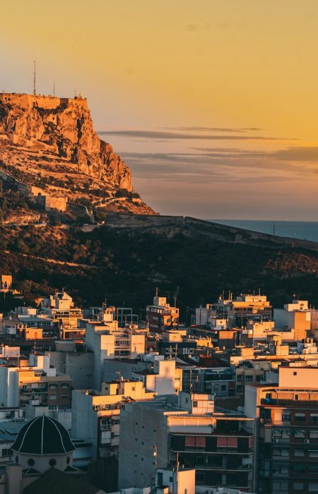 a view of a city with a mountain in the background