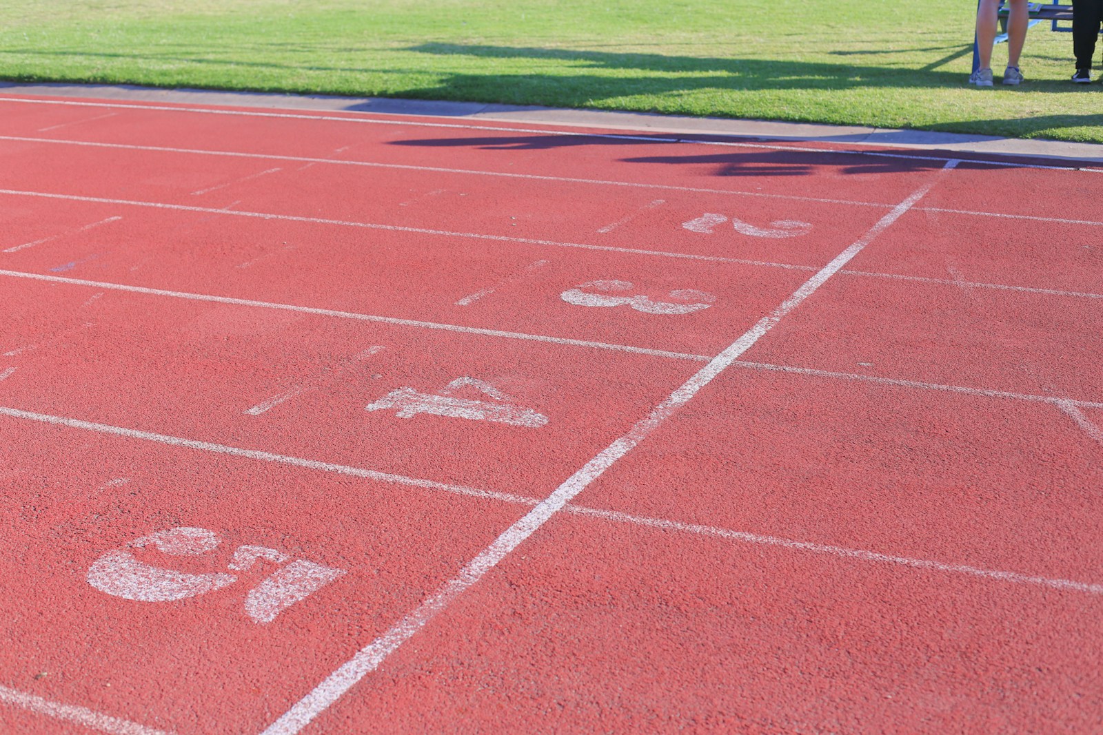 Red running track with numbered lanes and grass